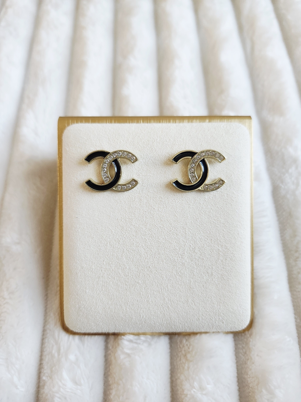 Black and Gold Interlocking CC Crystal Stud Earrings